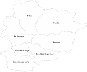 Andorra map provinces with name labels. White background.