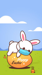 cute rabbit wearing face mask to prevent coronavirus happy easter bunny lying on egg sticker spring holiday concept landscape background vertical greeting card vector illustration