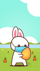 rabbit holding egg wearing face mask to prevent coronavirus happy easter bunny sticker spring holiday concept landscape background vertical greeting card vector illustration