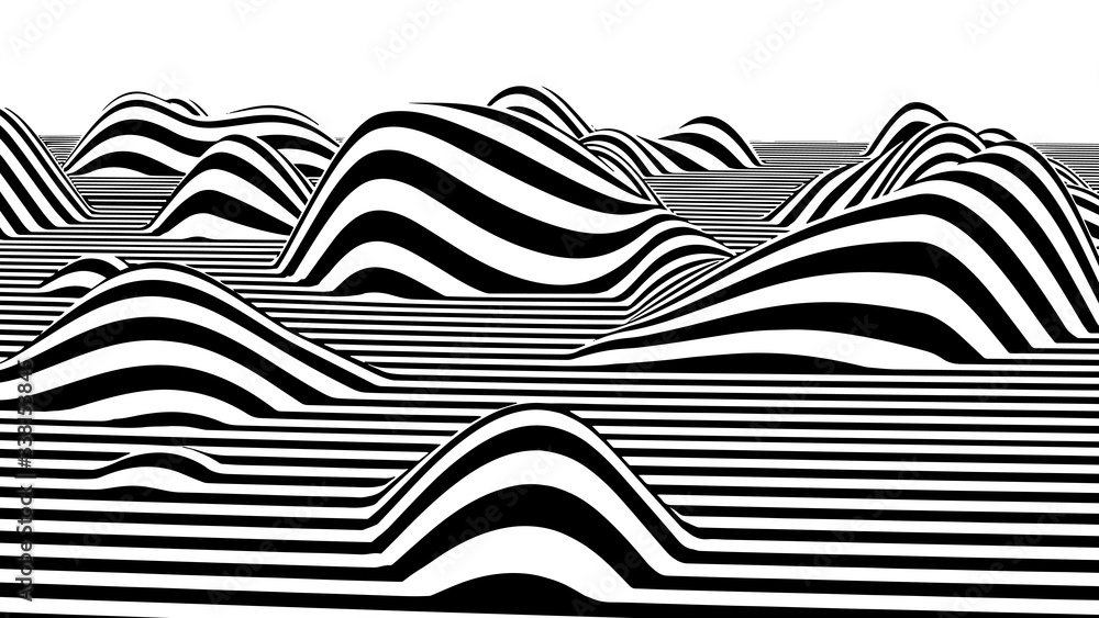 Aufkleber optical illusion wave. abstract 3d black and white illusions. horizontal lines stripes pattern or ba