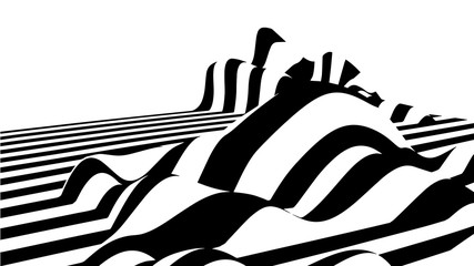 Optical illusion wave. Abstract 3d black and white illusions. Horizontal lines stripes pattern or background with wavy distortion effect. Vector illustration.