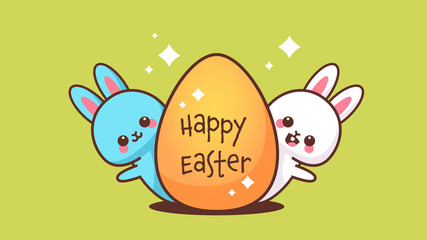 cute rabbits with egg happy easter bunnies sticker spring holiday concept horizontal greeting card vector illustration