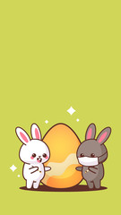 cute rabbits near egg wearing face mask to prevent coronavirus happy easter bunny sticker spring holiday concept vertical greeting card vector illustration