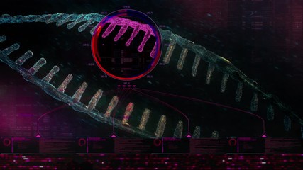 3D animation of an isolated floating double helix in an artificial intelligence HUD screen graphic. Conceptual DNA protein scan in macro close-up view. Futuristic microbiology and bioengineering - Powered by Adobe