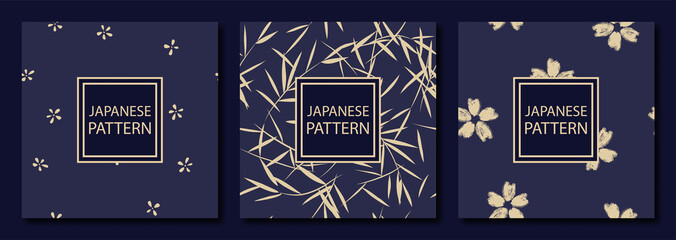 Collection of 3 luxury vintage seamless patterns with flowers. Book cover, card invitation with flower texture. Rich dark blue and gold colors. Vector illustration.