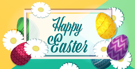 happy easter template with colorful eggs and flowers spring holiday lettering greeting card horizontal vector illustration
