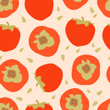 Vector cartoon seamless pattern with fruit persimmon and leafs on light purple background for web, print, cloth texture or wallpaper.