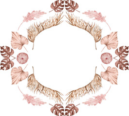 Blush tropical frame. Pink exotic composition with banana and monstera palm leaves. Summer template.