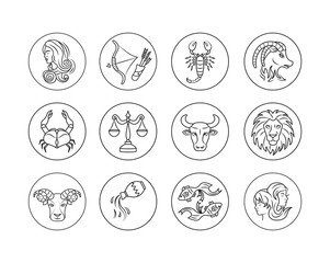 Zodiac signs black line icons set. Astrology. Horoscope. All zodiac signs and elements. Predictions and human character. UI UX GUI design element. Editable stroke.