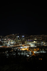 Oslo Norway Scandinavia,. dark night sky aerial view on city skyline panorama,. modern office building area of Oslo as seen from Ekebergparken,. long exposure photography, vertical shot