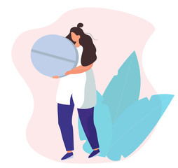 Female Doctor with Tablet. Woman Doctor in Medical White Outfit is holding Pill in the hospital. Medical Aid. Social Worker Care. Pink background with Plants. Flat Vector Illustration