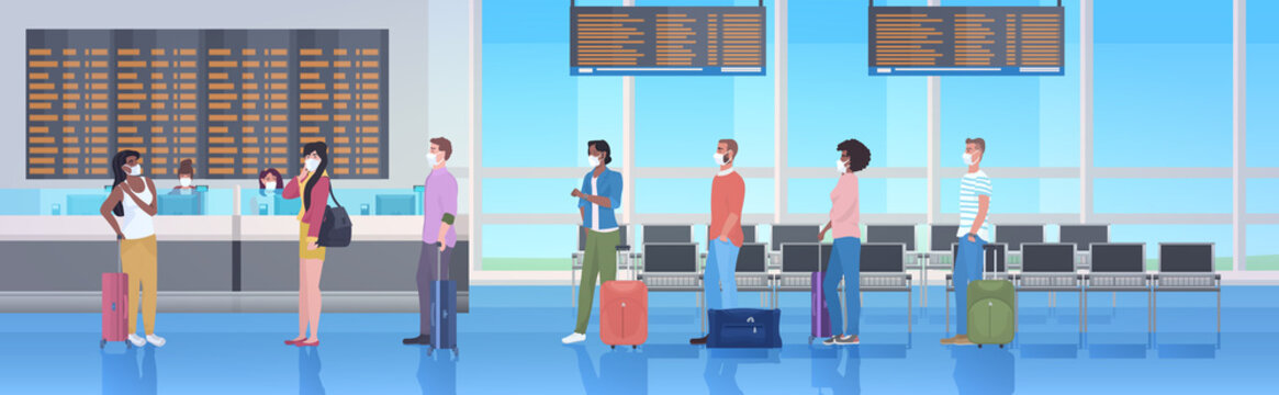 mix race travelers with baggage wearing masks to prevent coronavirus covid-19 pandemic waiting hall or departure lounge modern airport terminal interior horizontal vector illustration
