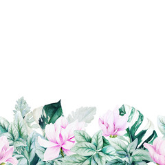 Watercolor magnolia, silver leaves and monstera leaves seamless border