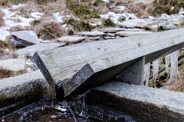 Obraz premium Horse watering gutter, horse watering spring water source on the road to Mr Floyen in the forest near Bergen, Norway, Scandinavia.