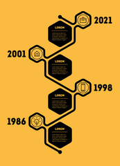 Vertical Timeline or infographic with 4 sectors. Strategy development of company. Milestones of History. Template of time line with four steps. Vector.