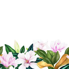 Watercolor magnolia and leaves footer seamless border