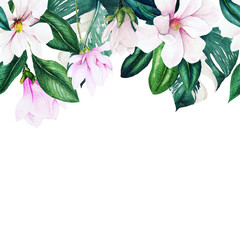 Watercolor magnoia and monstera leaves seamless border