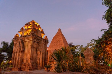 Panorama of Po Nagar Cham Towers in Nha Trang. Great old brick temple complex PoNagar, Vietnam at night