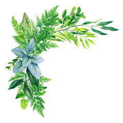 Greenery decorative corner arrangement, composed of fresh green leaves
