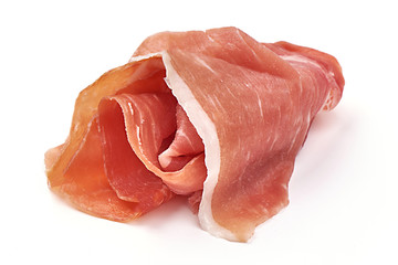 Italian prosciutto crudo or spanish jamon. Jerked ham, isolated on white background