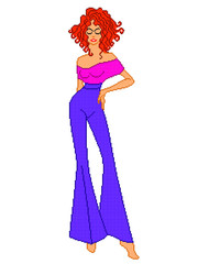 Abstract fashionable and modern woman in pink blouse with open shoulders and trousers bell-bottoms in violet color, color pixelated illustration, can be used in embroidery