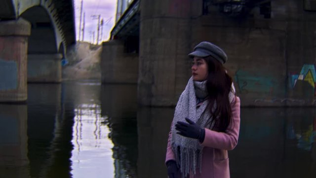Young woman with dark hair looking thoughtful but sad. Stock footage. Portrait of a beautiful young woman in a pink coat and gloves, retro camera effect.