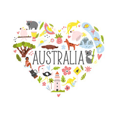 Tourist poster with symbols, animals of Australia