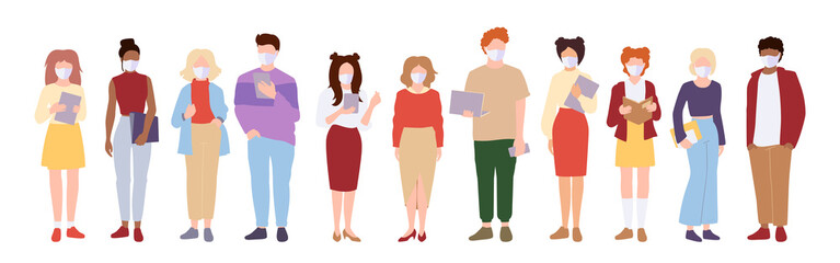 Coronavirus Covid 19, people student in white medical face mask flat cartoon. Concept of coronavirus quarantine. International men woman in facemask. Stop pandemic. Vector illustration