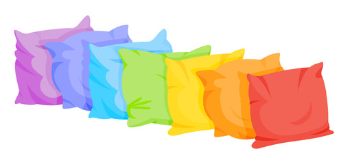 Rainbow pillow flat cartoon set in a row. Home interior textile. Seven color square pillows mockup template. Feather, bamboo eco fabric. Colorful cushion design. Isolated on white vector illustration