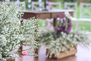 Wedding Setup. Wedding ceremony venue. Flowers, chairs and altar