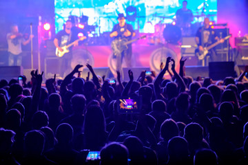Obraz na płótnie Canvas Fans at live rock music concert cheering
