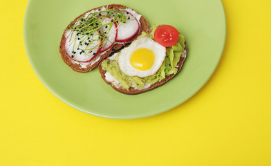  Sandwiches with healthy vegetables, tomatoes, eggs, micro greens on plate on colorful background. Healthy food concept.