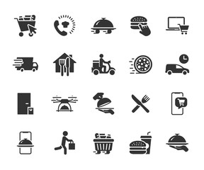 Vector set of food delivery flat icons. Contains icons food basket, online order, food at home, contactless delivery, fast food, courier, restaurant at home and more. Pixel perfect.