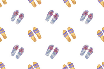Repeat pattern of summer beach elements beach flip-flop footwear watercolor summertime illustration isolated image for summer vacation and holiday design for textile, fabrics