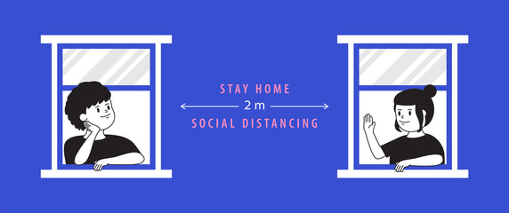 The man and woman stay home at the windows and keep 2 meter distancing to avoid covid-19 crisis on blue background illustration vector, stay home concept