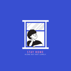 The man stay home at the window to avoid covid-19 crisis on blue background illustration vector, stay home concept