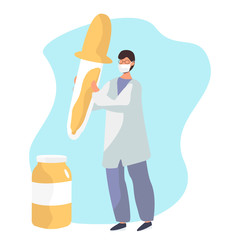 Laboratory Assistant Hold Pipette. Male Nurse or Doctor Character in Medical Outfit Carry Huge Test Tube. Doctor Wearing White Robe. Container with Liquid on blue background. Flat Vector Illustration