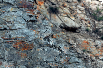 Natural basalt rock with cracks and crevices with a red color coming from iron. Rock wall texture. Graphite stone wall. Stone background. Photography made wit natural daylight. Texture designated for 