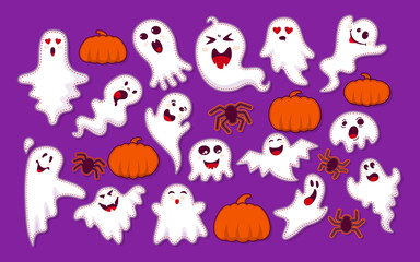 Ghost, pumpkin, spider patch cartoon set. Halloween collection cute and scary ghostly monsters. stripe joyful spooky or funny comic character layered stitched. Comic 80s-90s style. Vector illustration