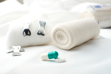 Medical instruments, including dressing, cotton bandage, pill and capsule medication, and bandage...