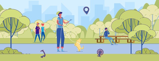 Obraz premium Young Man Play with Corgi in Park Training Dog