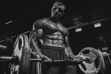 Portrait of handsome sporty man with naked muscular torso doing weight lifting - 338166630