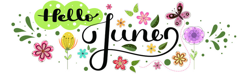 Hello June. JUNE month vector with flowers,  and leaves. Decoration floral. Illustration month June © Luchelle