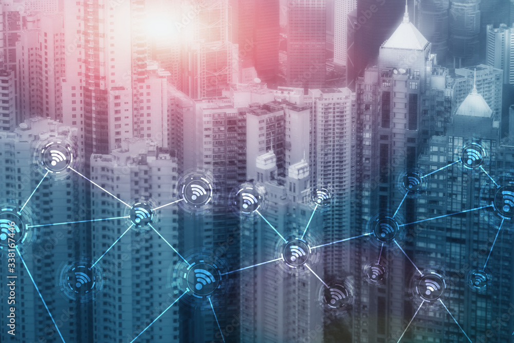 Aufkleber wi-fi icon on the modern city of the future. wireless network connection. hong kong abstract image.