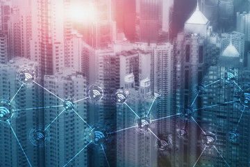 Wi-fi icon on the modern city of the future. Wireless network connection. Hong Kong abstract image.