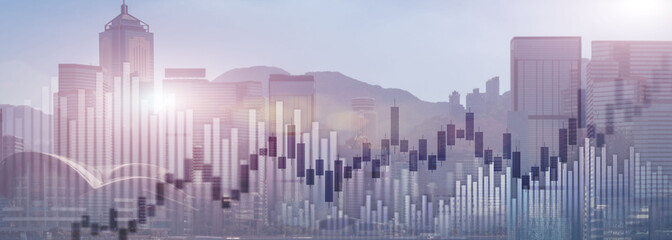 Fototapeta na wymiar Trading investment chart graph city skyline view double exposure website panoramic header banner.