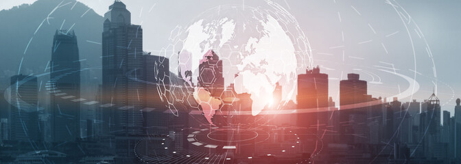 Globe Global business technology concept of modern city background. Website header.