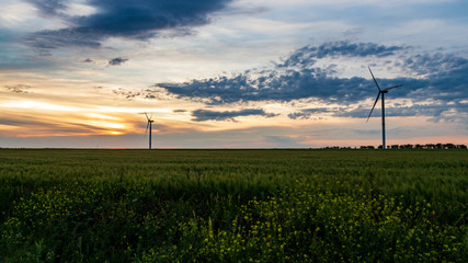 wind generator in grass field at sunset