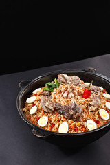 Pilaf with lamb meat. BEst dish for sharing in Iftar ramadan. Family portion. National middle asian dish. Plov. High quality photo