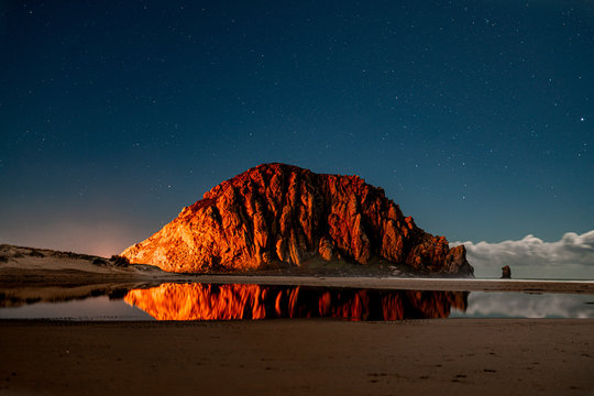View of Morro Rock on Morro Rock Beach during sunset